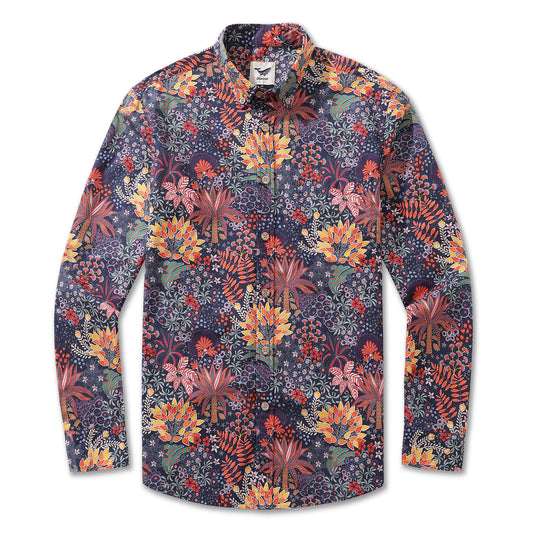 Men's Hawaiian Shirt Quirky Plants Print Cotton Button-down Long Sleeve Aloha Shirt Quirky Plants Long Sleeve Shirt