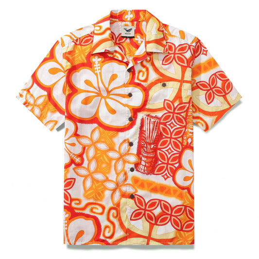Yiume 1930s Vintage Floral Hawaiian Shirt Tikirob Designer Shirt Orange Camp Collar Tiki Shirt