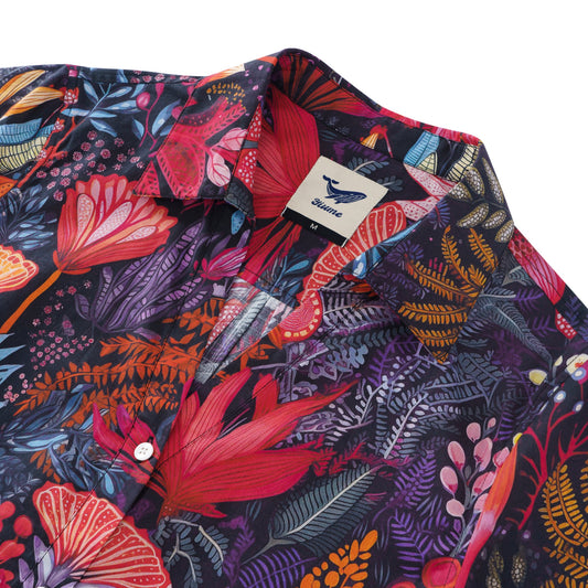 Dreamy Scarlet Botanical Paradise 100% Cotton Women's Short Sleeve V-neck Shirt Aloha Hawaiian Dreamy Scarlet Botanical Paradise Print-mismatched