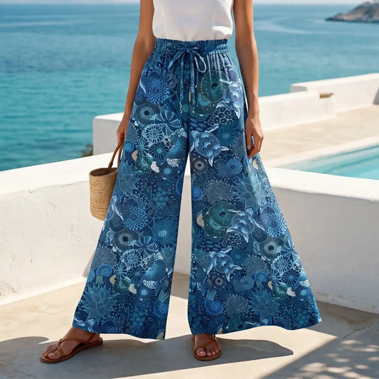 Blue Aloha Reef women's palazzo pants with sea turtle design