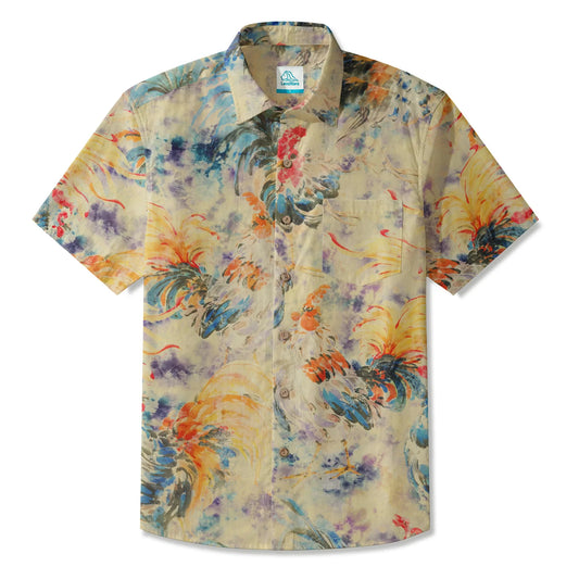 LeosWare Men's Hawaiian Shirt with Rooster Design, Orange