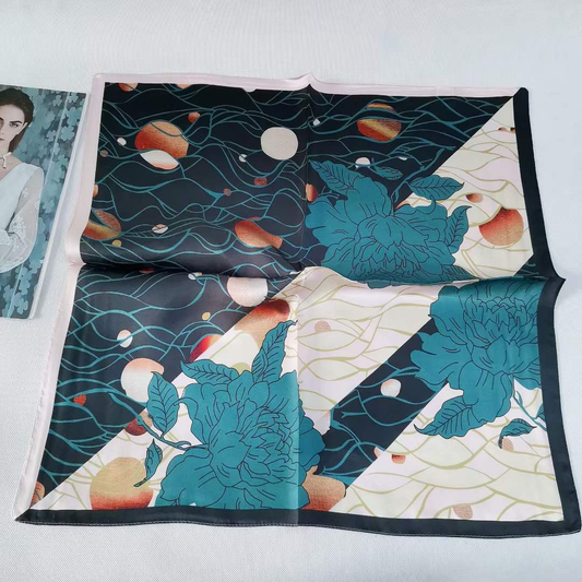 Teal Nocturne Floral Silk Scarf 100% Mulberry Silk 53x53cm