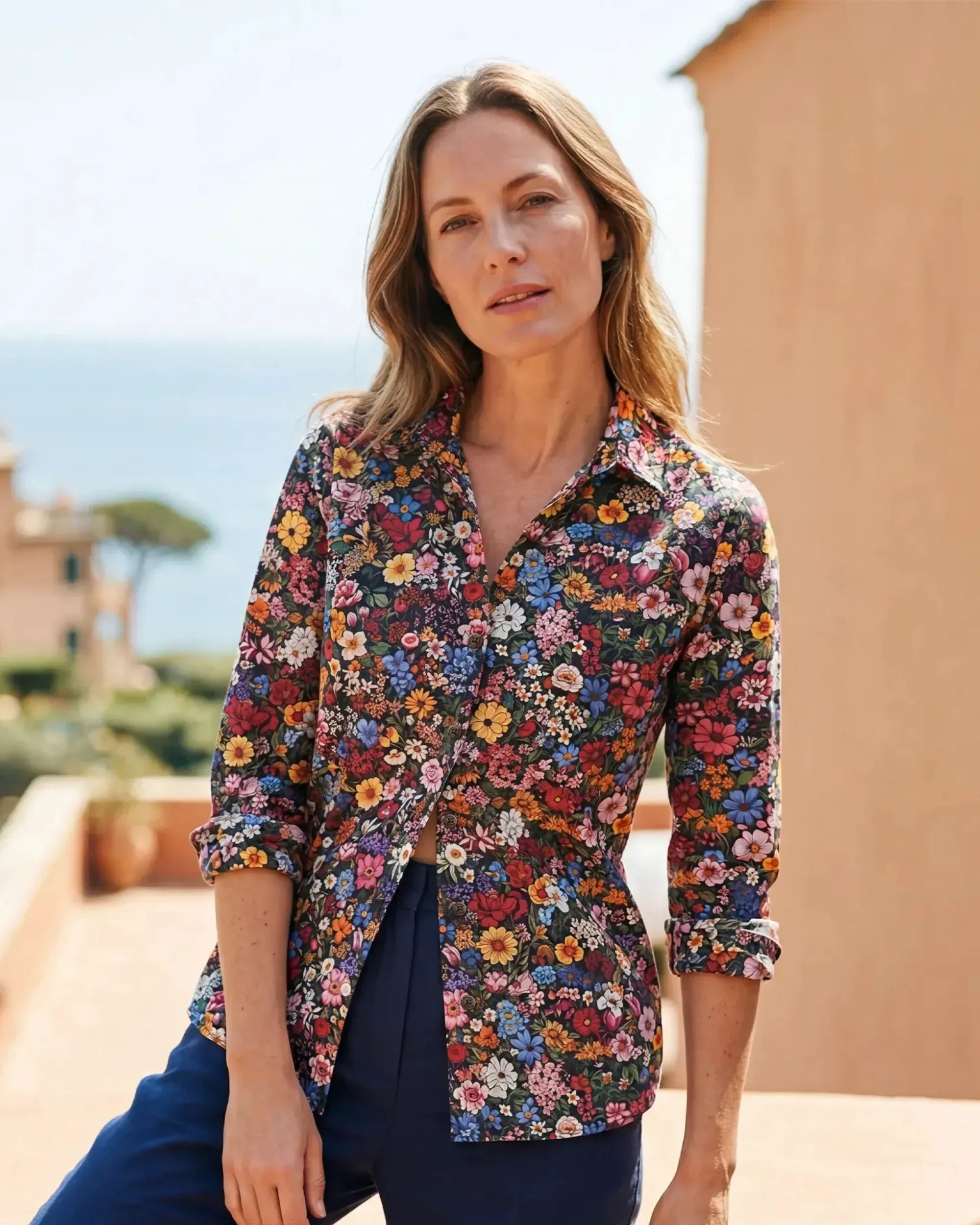 Amidst the Blooms Women's V-neck Long Sleeve Cotton Shirt