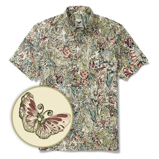 Men's Hawaiian Shirt Short Sleeve Button-down 100% Cotton Green Aloha Floral Butterfly