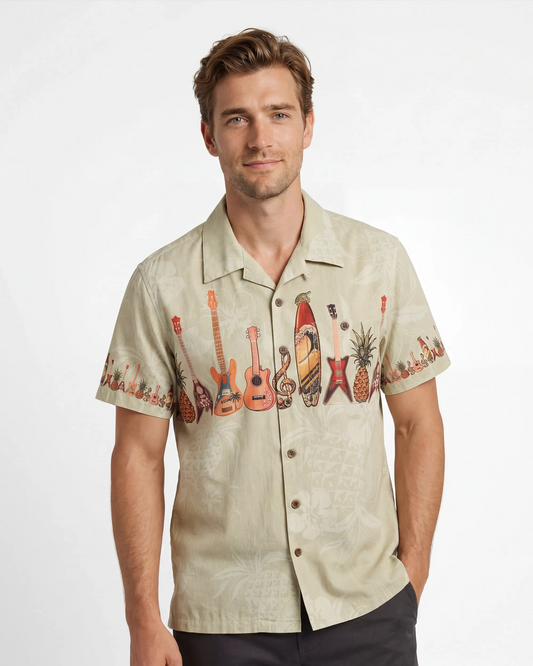 Yellow Hawaiian shirt featuring sea turtle and ukulele