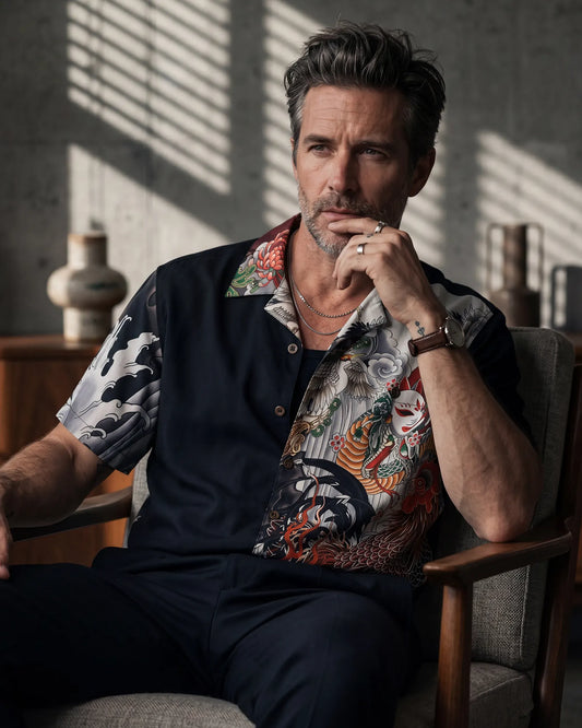 Black Kitsune mask and rooster Hawaiian shirt for men