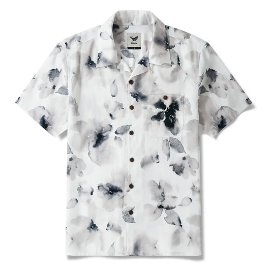 Men's Hawaiian Shirt, Ink Blossom Harmony, Black, Camp Collar, Short Sleeve