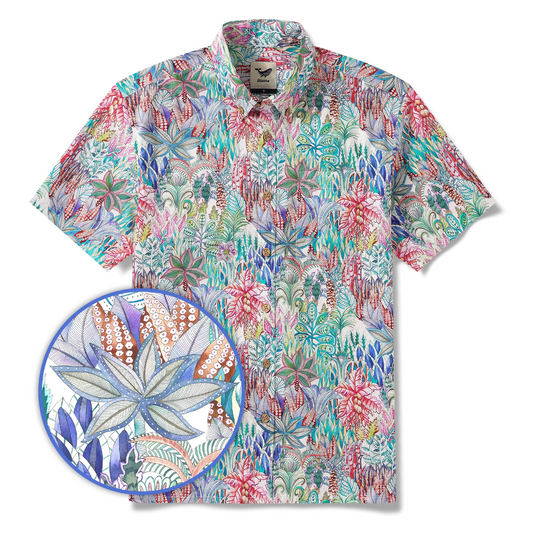 Men's Hawaiian Shirt Short Sleeve Button-down 100% Cotton Blue Aloha Floral Island Adventure