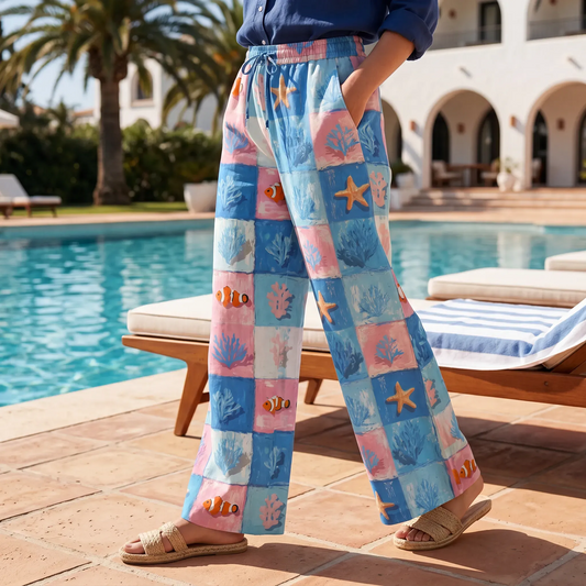 Blue Aloha Oceanic Women's Wide Leg Pants with Floral Plaid Design