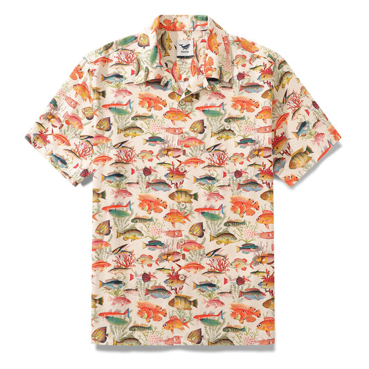 100% Silk Men's Hawaiian Shirt Sea Ocean Fish Print Camp collar Short Sleeve Aloha Shirt - Silk Sea Ocean Fish (silk)