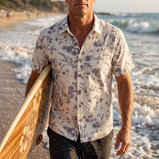 Men's Hawaiian shirt with gray floral design, button-up
