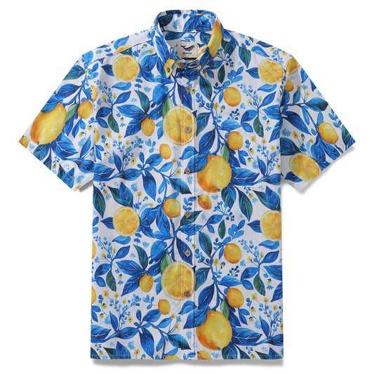 Yiume Hawaiian Shirt For Men Button-down Lemon Shirt Short Sleeve 100% Cotton Shirt Summer Lemon