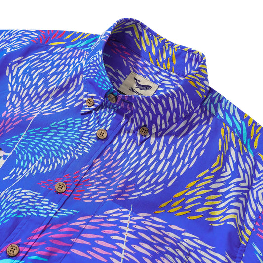 Blue Hawaiian shirt with colorful fish and boats, men's fashion