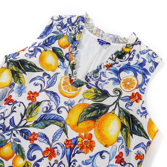 Women's Hawaiian Dress Sleeveless V-neck 55% Linen 45% Rayon Blue Aloha Sicilian Lemon