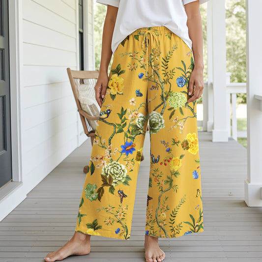 Women Casual Floral Wide Leg Pants Lounge Elastic Waist Drawstring with Pockets 93% Lyocell, 7% Linen Yellow Aloha Turmeric Courtyard Blossom By Patch