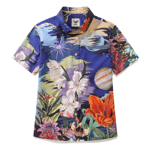 Button-up women's shirt with garden print, short sleeve