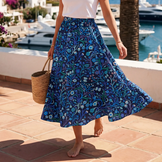 Midnight Garden women's art shirt skirt, blue floral design