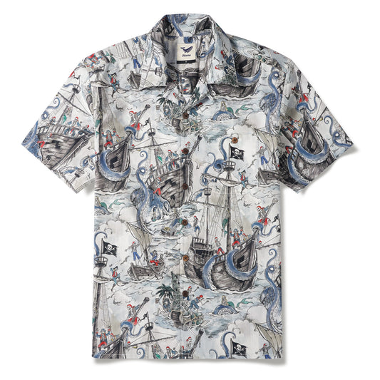 Men's Hawaiian Shirt Short Sleeve Camp Collar 100% Cotton Blue Aloha Mermaid's Skull Island