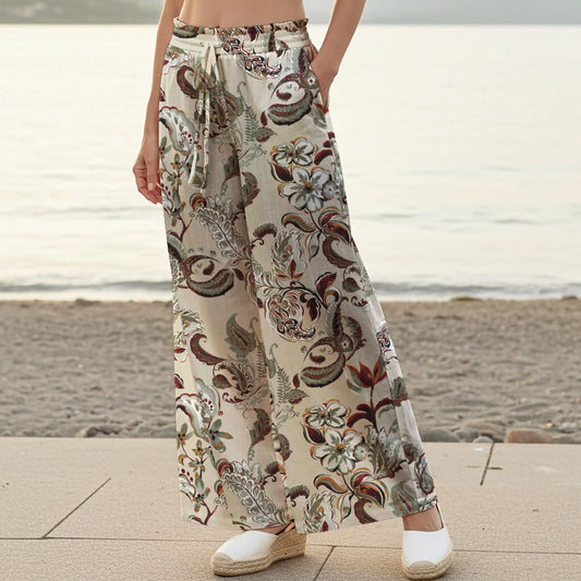 Aloha Paisley Floral Women's Palazzo Pants with pockets, elastic waist