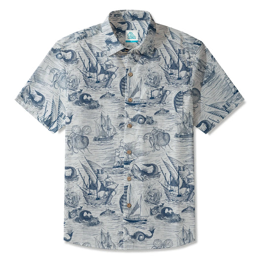 Men's blue Hawaiian shirt with sailboats and sea creatures