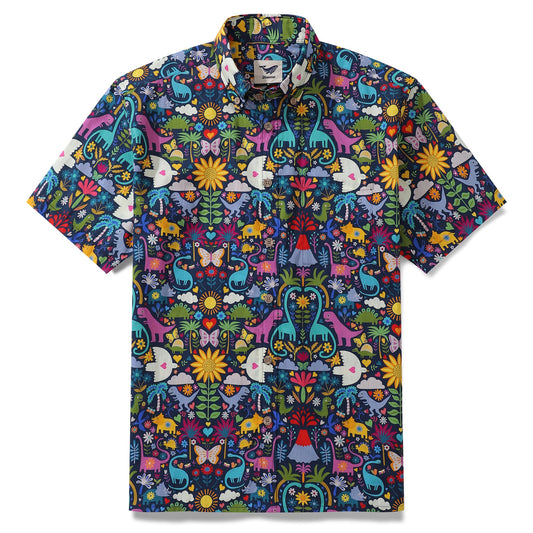 Men's Hawaiian shirt with peace, love, and dinosaurs design by Cecca Designs