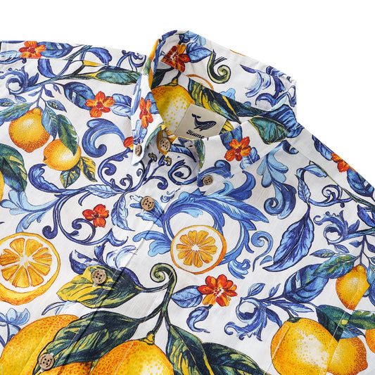 Men's Vintage Blue Hawaiian Shirt Sicily Lemon Shirt Short Sleeve Button-down Tropical Shirt