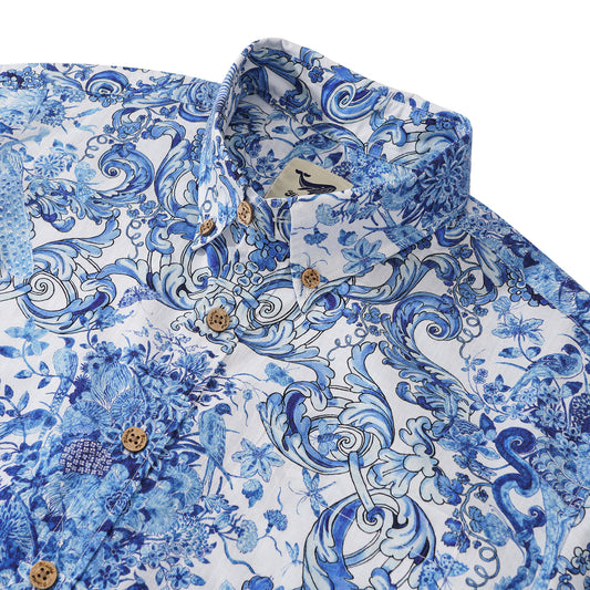 Men's Hawaiian Shirt Short Sleeve Button-down 100% Cotton Blue Aloha Floral Whisper