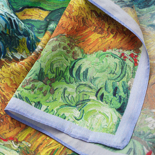 Floral Square Scarf 100% Mulberry Silk Wheat Fields in Azure Harmony Wheat Fields In Azure Harmony 100% Silk 53*53cm