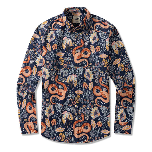Year of the Snake men's blue button-down shirt with snake and flower design