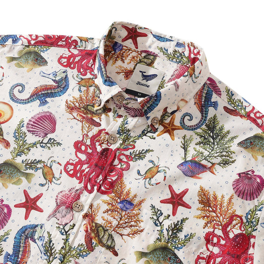 Close-up of marine life print on men's Hawaiian shirt
