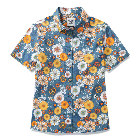 Close-up of floral print on women's Hawaiian shirt