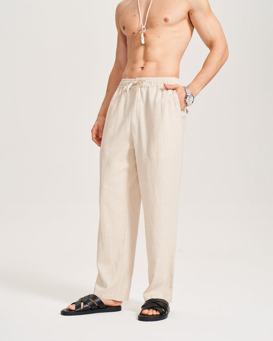 Flaxen linen 5-pocket men's pants by Yiume, front view