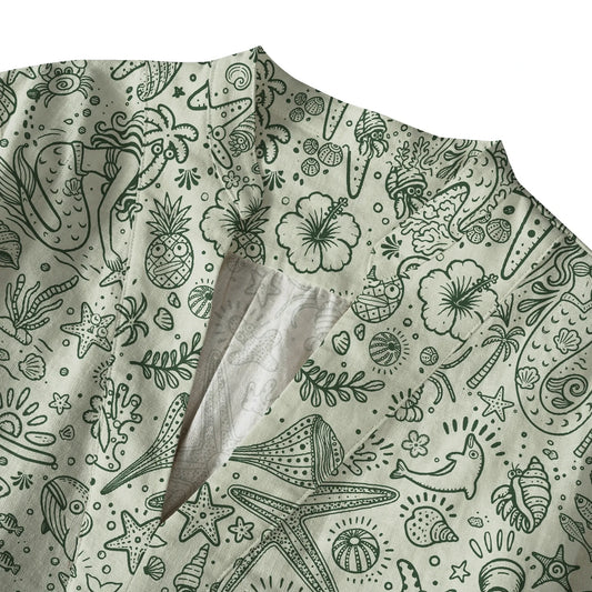 Close-up of marine animal and hibiscus design on women's blouse