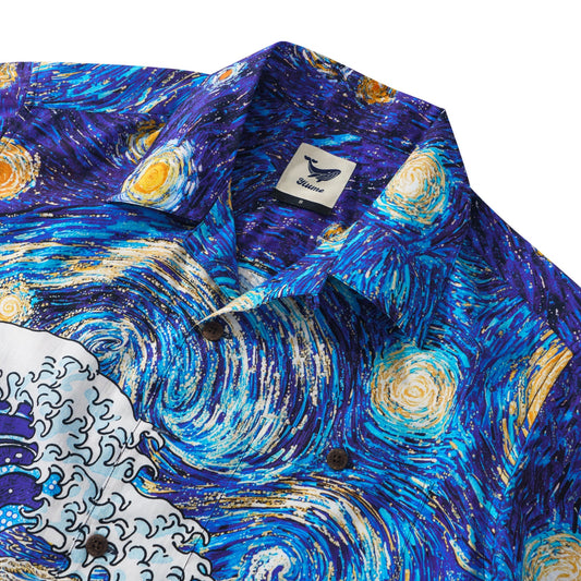 Yiume Great Wave Shirt For Men 100% Cotton Short Sleeve Camp Collar Shirt Blue Hawaiian Shirt Ocean Waves And Starlit Nights