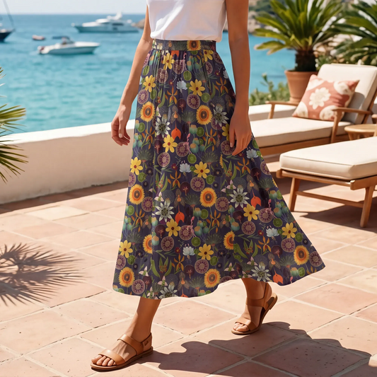 Women's brown skirt with sunflower print, elastic waist, pockets