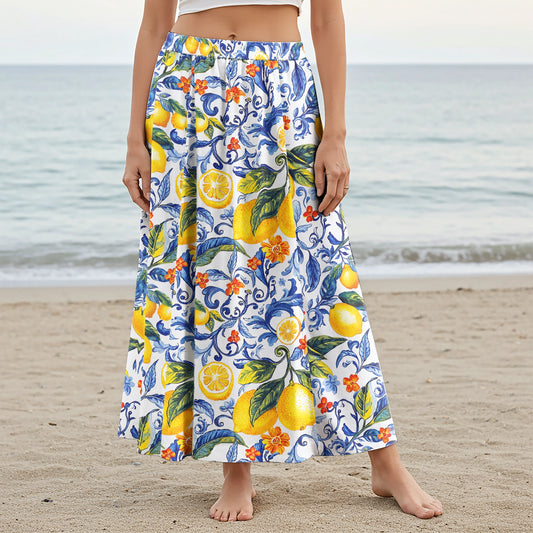 Women Casual Maxi Skirt Long Elastic Waist with Pockets 100% Cotton Blue Aloha Sicilian Lemons