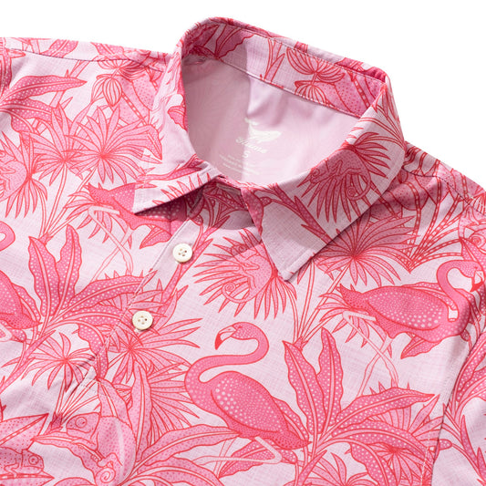 Close-up of flamingo and chameleon print on men's polo shirt