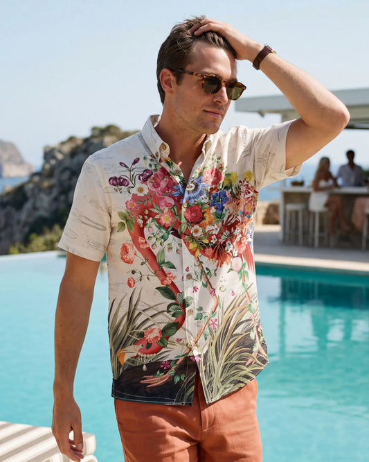 Resort look with Flamingo Blooms Hawaiian Shirt