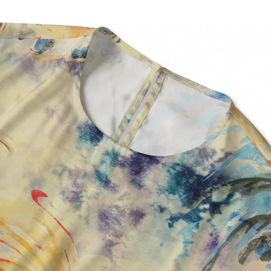 Back view of women's rooster art blouse, button-back design