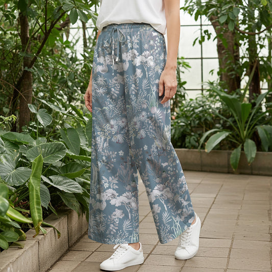 Women's blue floral wide leg pants with elastic waist and drawstring