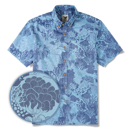 Men's Hawaiian Shirt with coral reef design, blue, short sleeve