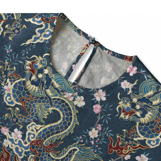 Back view of green Chinese Loong blouse with button detail