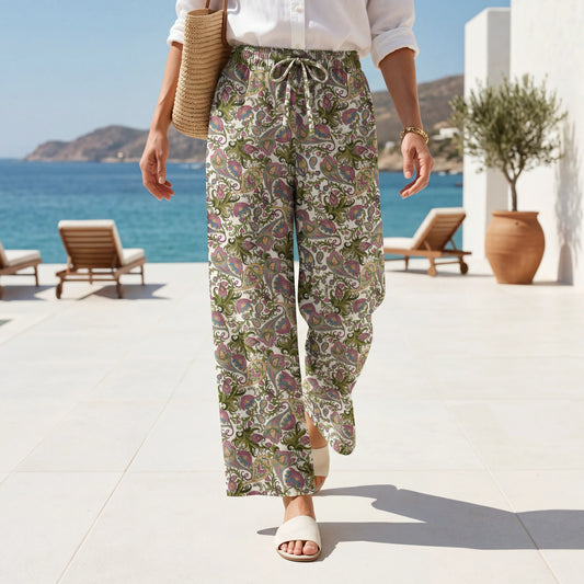 Women's Green Aloha Floral Wide Leg Pants with Pockets