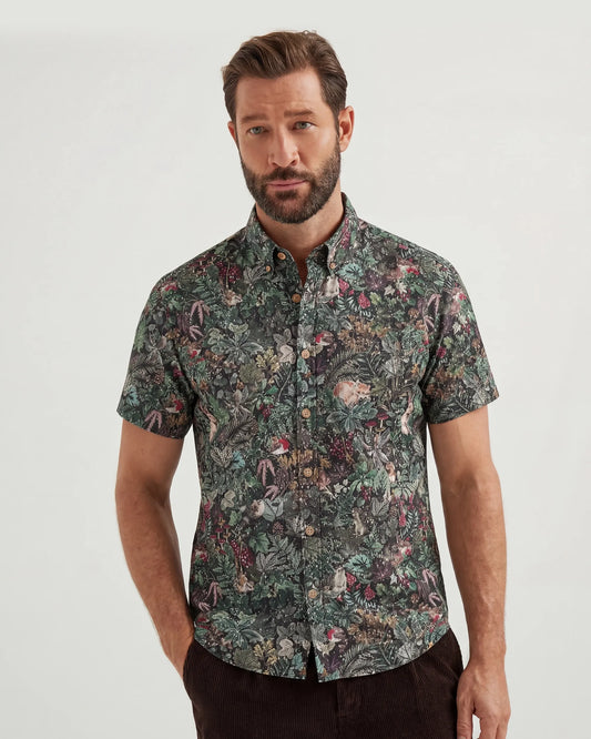 Green vintage style men's Hawaiian shirt, short sleeve