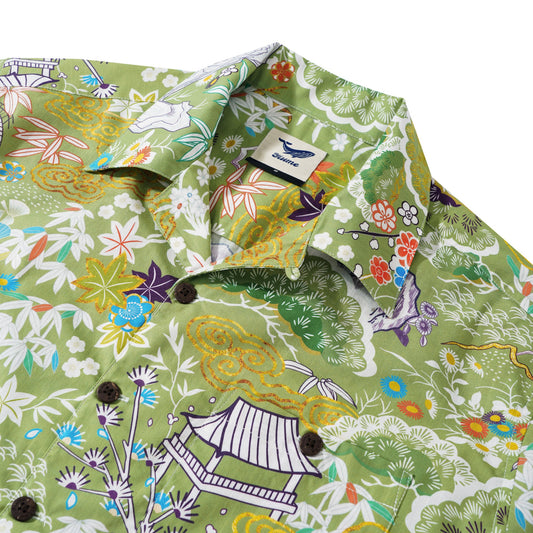 Back view of jade wilderness print Hawaiian shirt, short sleeve
