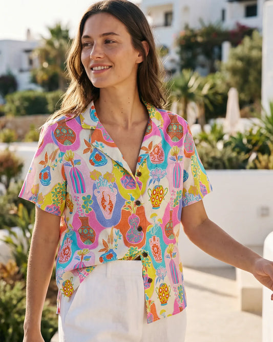 Women's Hawaiian shirt with kitschy vases design, orange color