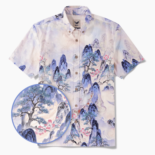 Purple Mountain Retreat men's Hawaiian shirt, button-down, art-inspired