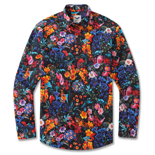 Colorful garden men's Hawaiian shirt, cotton, long sleeve