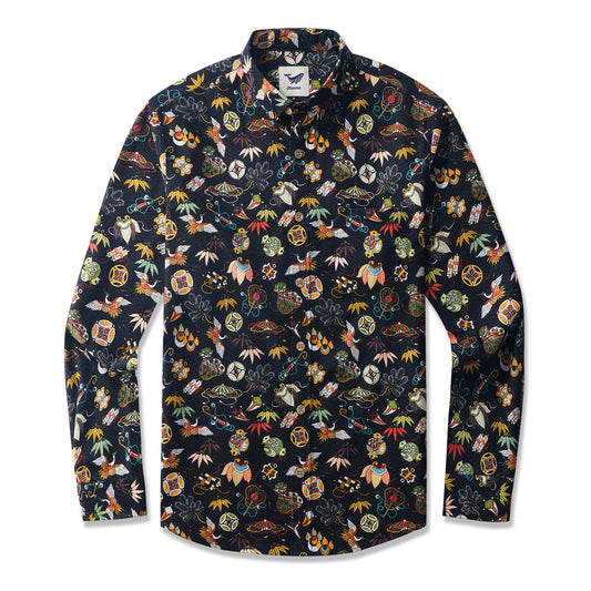 Nippon's Treasure Patterns 100% Cotton Men's Long Sleeve Button-down Shirt Aloha Hawaiian By Yeti