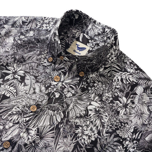 Men's Hawaiian Shirt Short Sleeve Button-down 100% Cotton White Aloha Monochrome Tropical Jungle Charm
